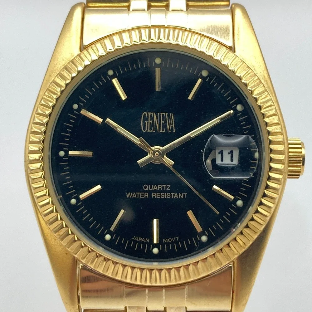 Geneva Men's Dress Watch 35mm Gold Tone Black Dial Date Bubble New Battery 7.75
